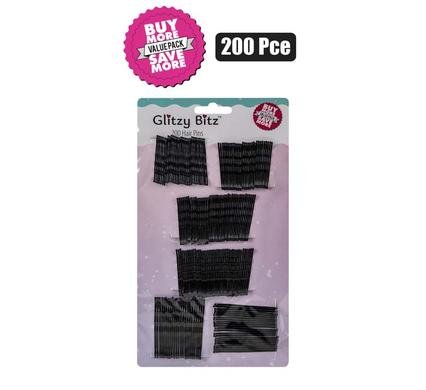 Hair clips black pins asstd sizes 200pc